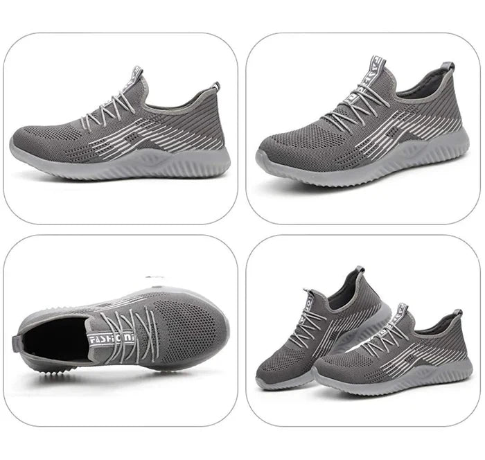 Grey steel toe cap safety shoes — four-angle product view including sole, side, front and pair shot