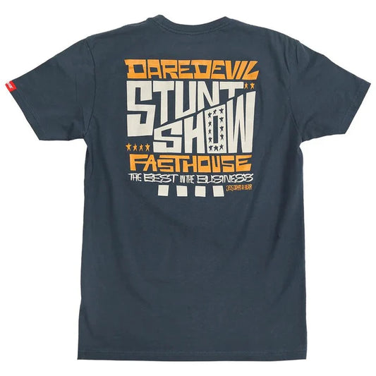Fasthouse Stunt Show short sleeve tee in indigo, back view of the print
