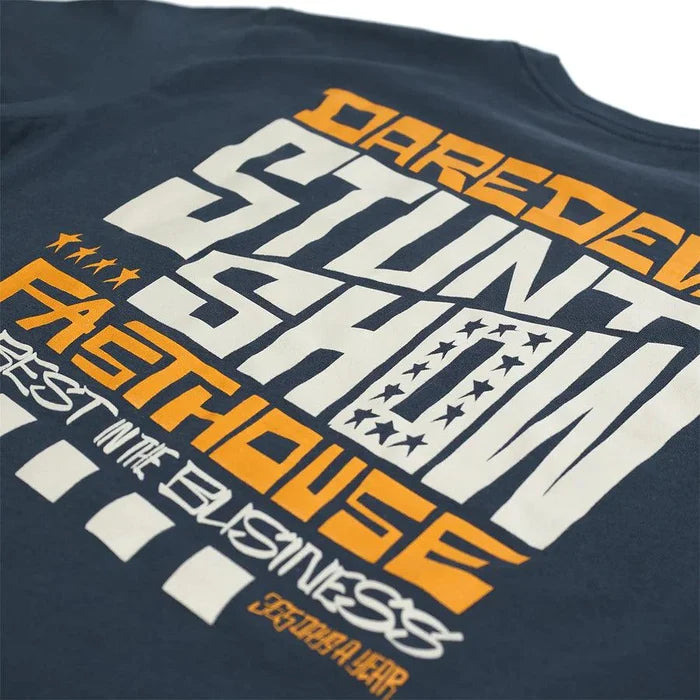 Fasthouse Stunt Show tee in indigo, close-up detail of the graphic