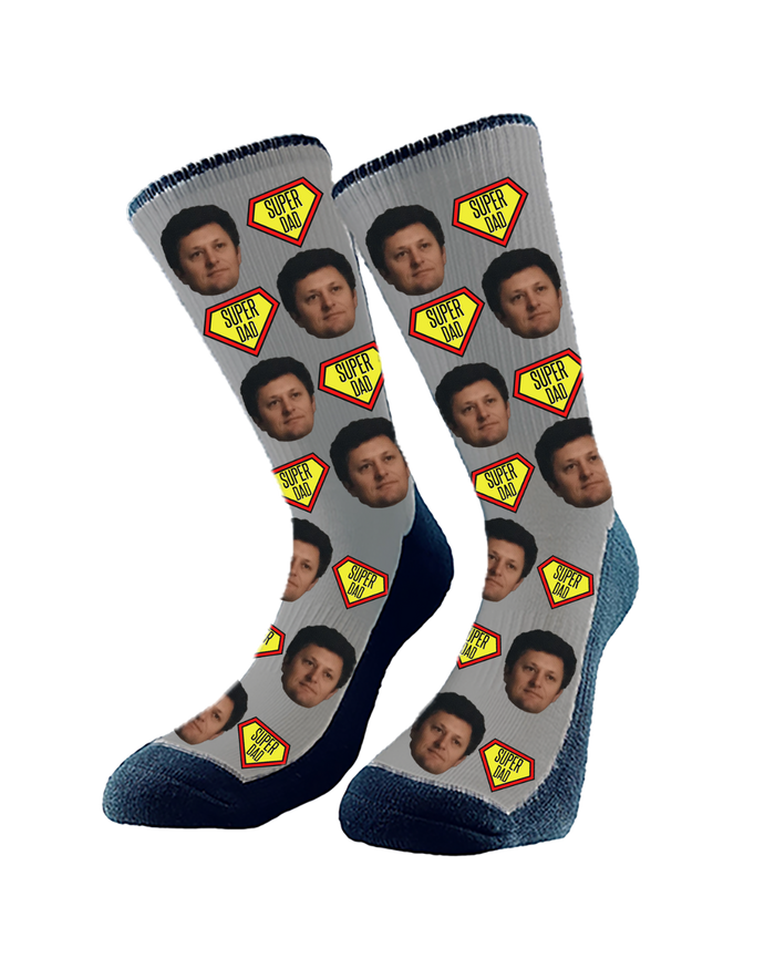 Custom "Super Dad" socks featuring cartoon superhero graphics and personalized with dad’s face — a fun and thoughtful Father’s Day gift.