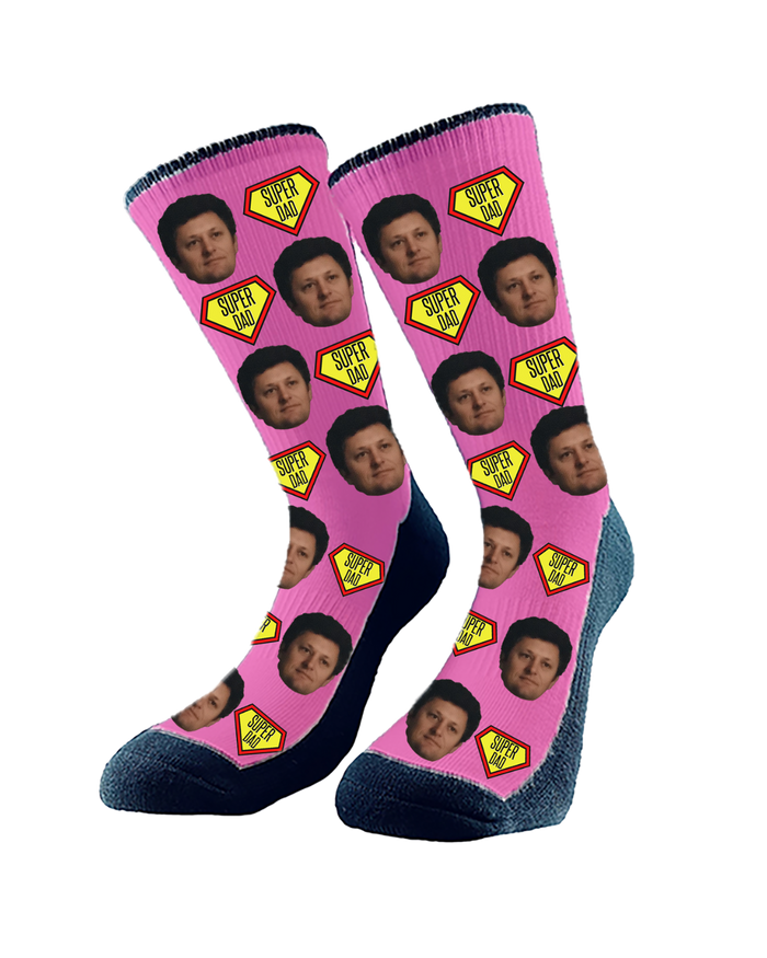 Custom "Super Dad" socks featuring cartoon superhero graphics and personalized with dad’s face — a fun and thoughtful Father’s Day gift.