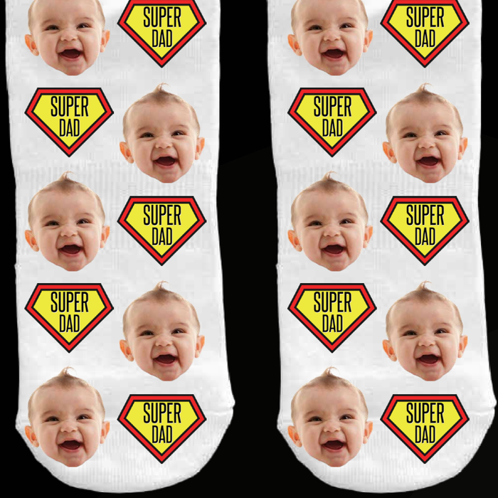 Custom "Super Dad" socks featuring cartoon superhero graphics and personalized with dad’s face — a fun and thoughtful Father’s Day gift.