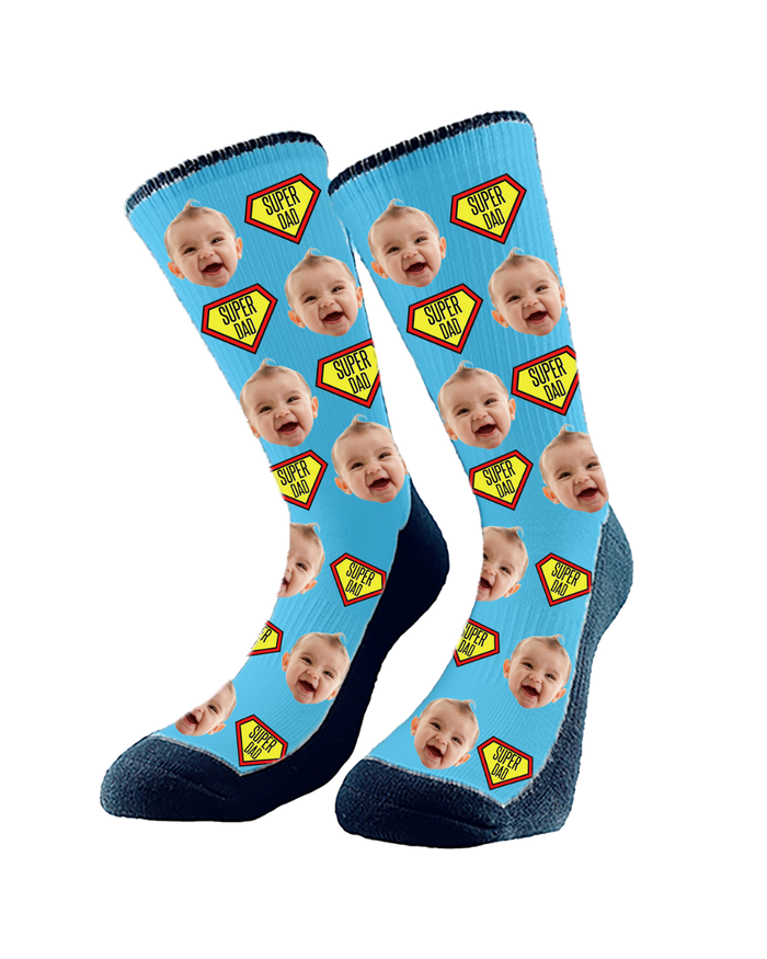 Custom "Super Dad" socks featuring cartoon superhero graphics and personalized with dad’s face — a fun and thoughtful Father’s Day gift.