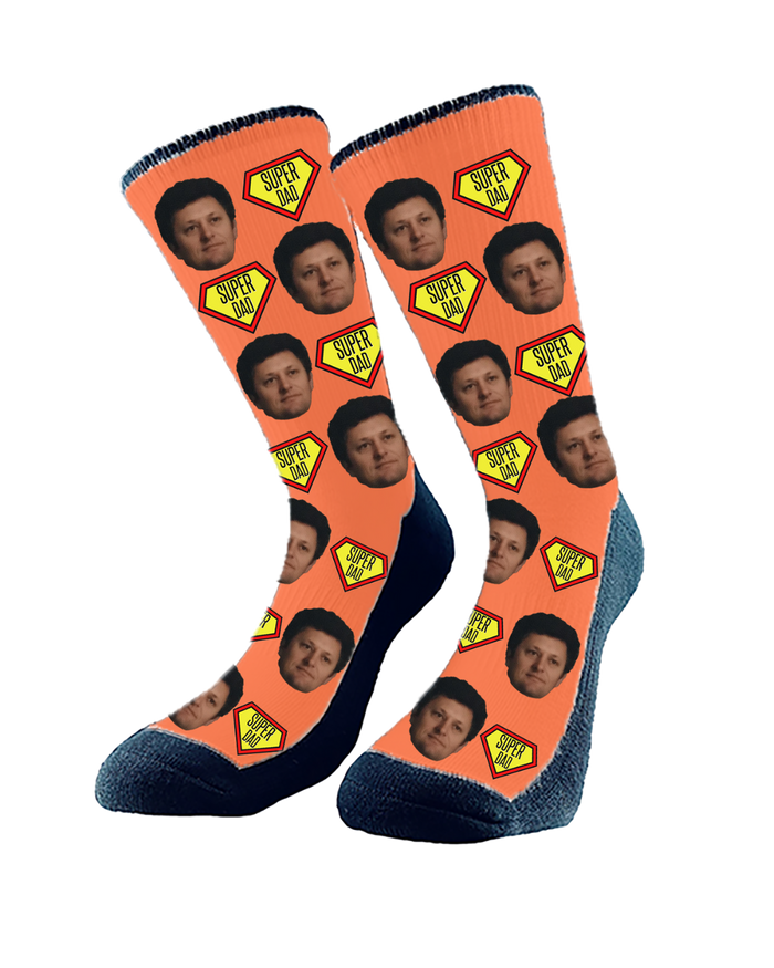 Custom "Super Dad" socks featuring cartoon superhero graphics and personalized with dad’s face — a fun and thoughtful Father’s Day gift.