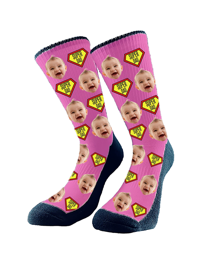 Custom "Super Dad" socks featuring cartoon superhero graphics and personalized with dad’s face — a fun and thoughtful Father’s Day gift.