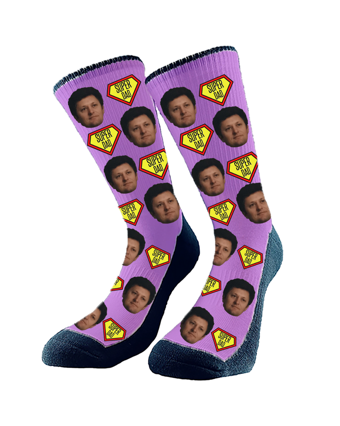 Custom "Super Dad" socks featuring cartoon superhero graphics and personalized with dad’s face — a fun and thoughtful Father’s Day gift.