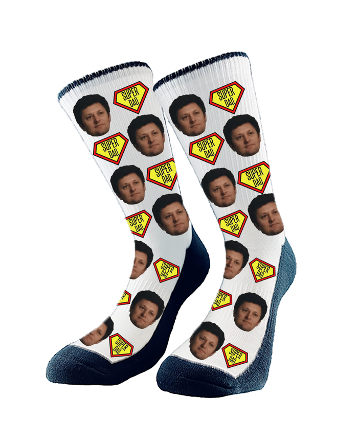 Custom "Super Dad" socks featuring cartoon superhero graphics and personalized with dad’s face — a fun and thoughtful Father’s Day gift.