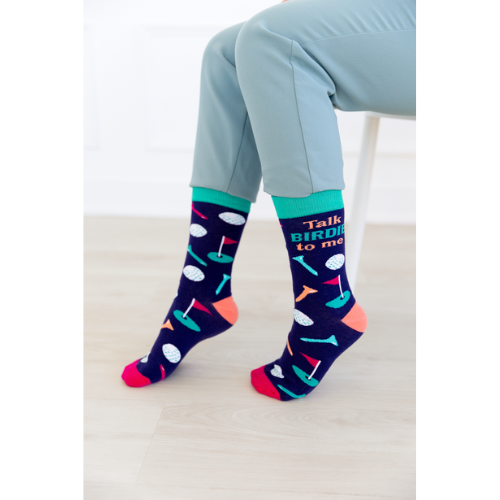 Talk Birdie to Me women’s crew socks with cute bird and golf-themed design