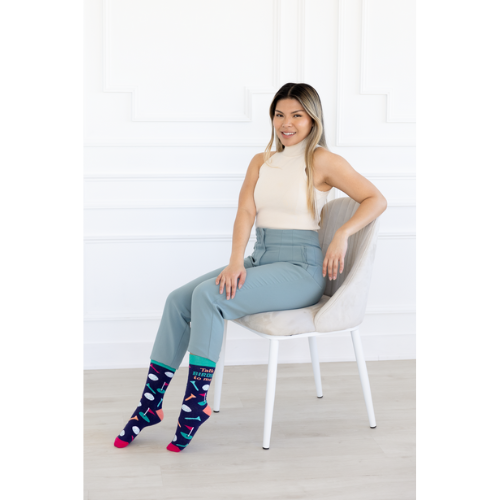Talk Birdie to Me women’s crew socks with cute bird and golf-themed design