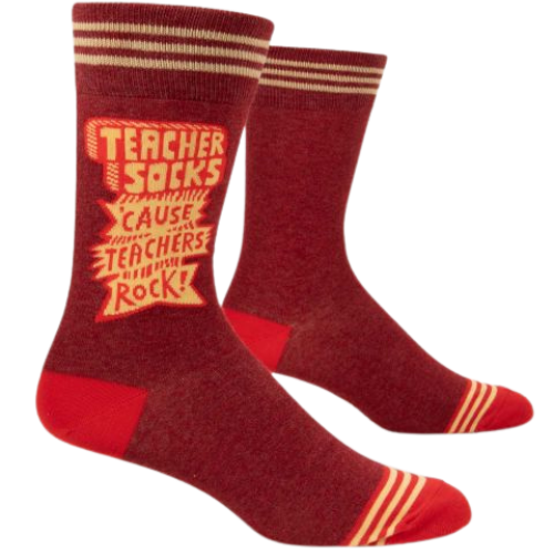 Teacher Socks for Him, maroon color with the writing Teacher Socks 'Cause Teachers Rock!