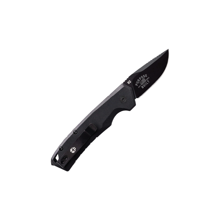 Tekto A3 Delta Mini folding knife with black G10 handle and black accents, Purpose-Built collaboration