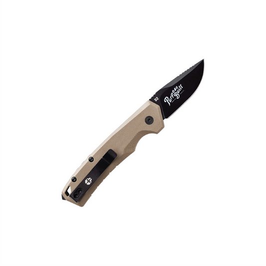 Tekto A3 Delta Mini folding knife with desert G10 handle and black accents, Purpose-Built collaboration