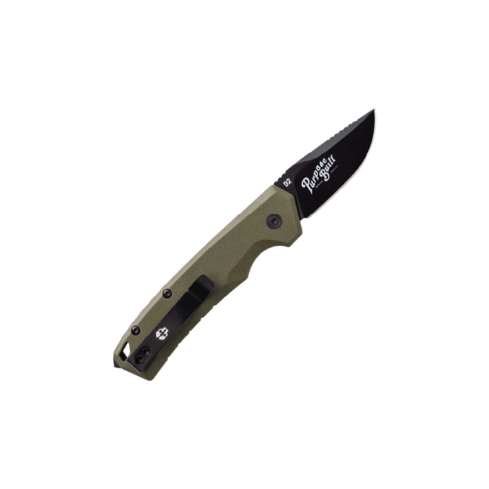 Tekto A3 Delta Mini folding knife with OD green G10 handle and black accents, Purpose-Built logo