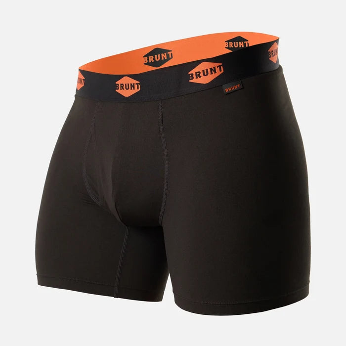 Comfort Tech 6 inch performance boxer brief by BRUNT in black, front view of the garment