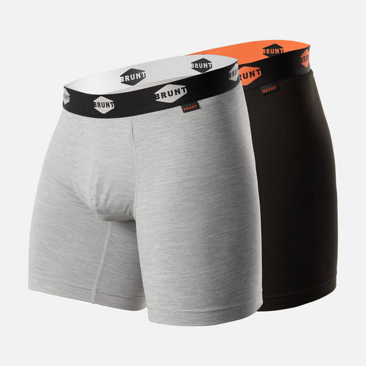 Comfort Tech 9 inch boxer briefs by BRUNT in black and heather grey, two pack main product view