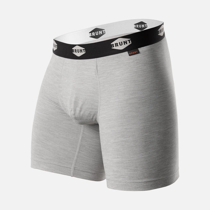 Comfort Tech 9 inch boxer brief by BRUNT in heather grey, front view of the garment