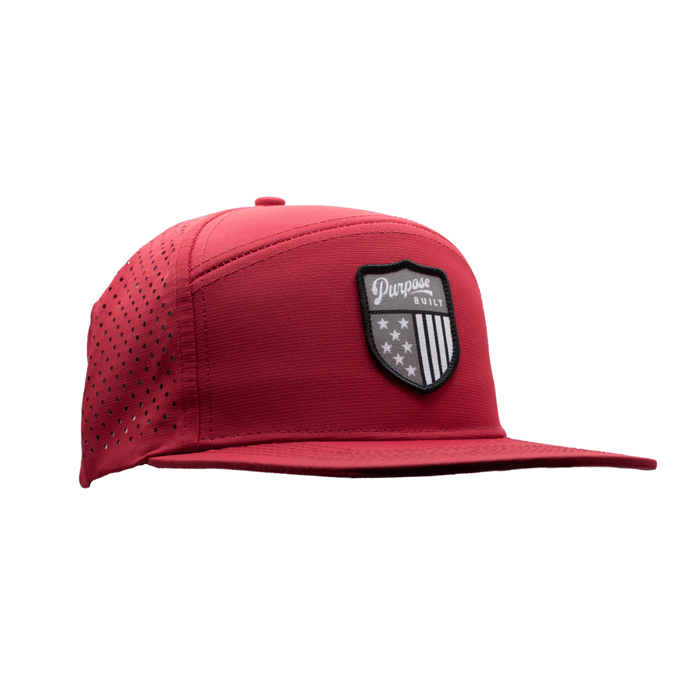 The Badge water resistant hat in red, right three-quarter view