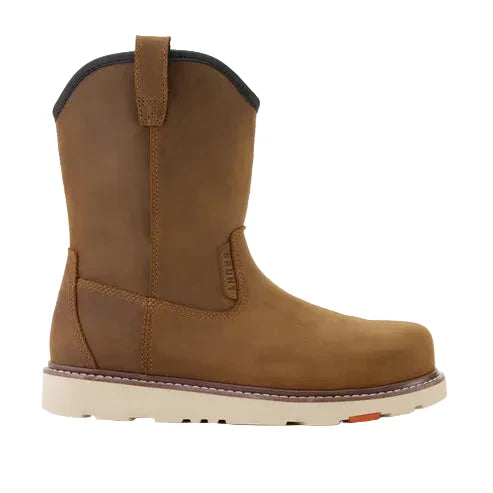 Composite toe pull on Wellington work boot by BRUNT in brown, right side profile view