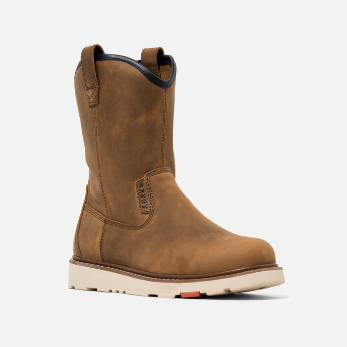 Waterproof composite toe Wellington boot by BRUNT in brown, right side view of the leather upper