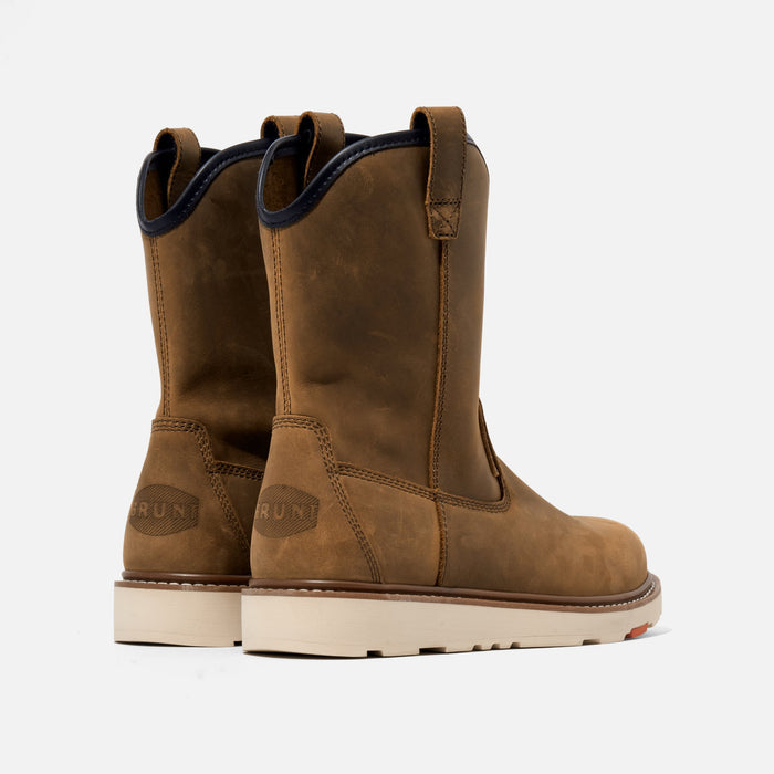 Waterproof Wellington work boots by BRUNT in brown shown as a pair with wedge outsoles
