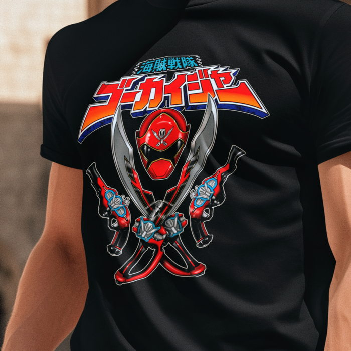 Super Sentai Inspired Gokaiger T shirt featuring Red Ranger helmet with swords and blasters under logo