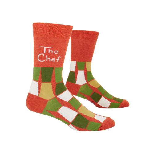 The Chef men’s crew socks with bold culinary-themed lettering.