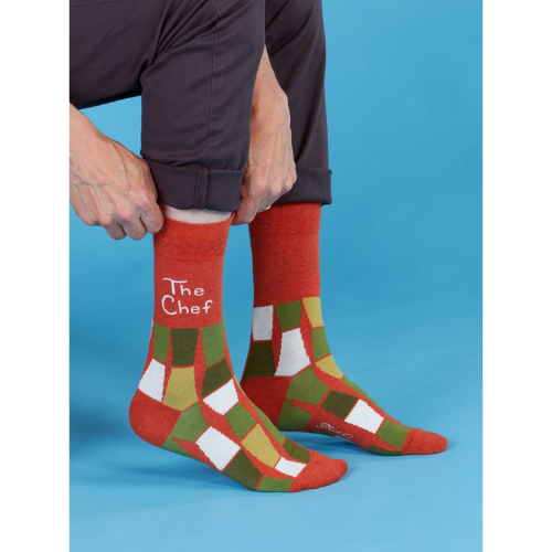The Chef men’s crew socks with bold culinary-themed lettering.
