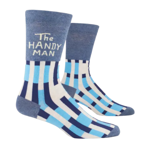 Blue shades and white pattern with writing "The Handy Man"