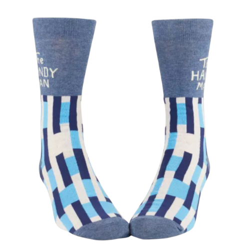 Blue shades and white pattern with writing "The Handy Man"