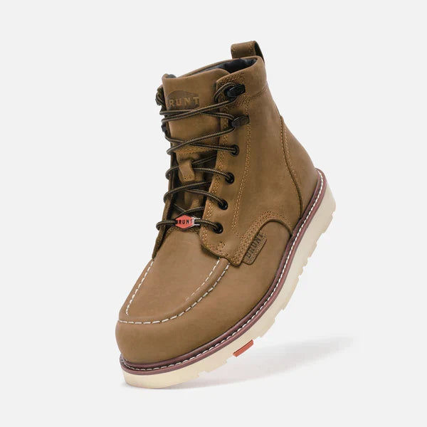 EH rated moc toe work boot by BRUNT in brown, detail view of the waterproof leather upper