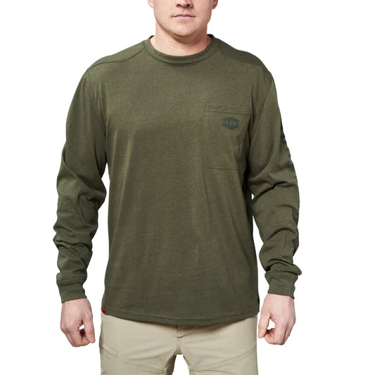 BRUNT Martin long sleeve pocket work t-shirt in army green heather, available in big and tall sizes