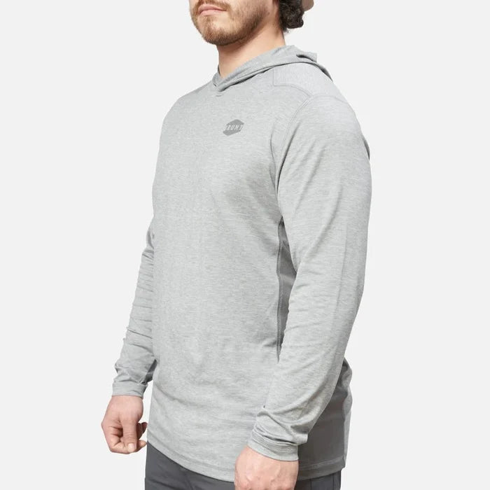 Back view of the BRUNT McKenna sun protection hoodie in grey heather