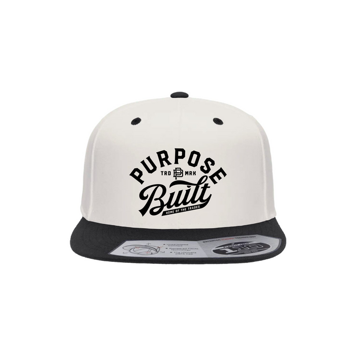 Purpose-Built script logo FlexFit snapback hat in natural and white
