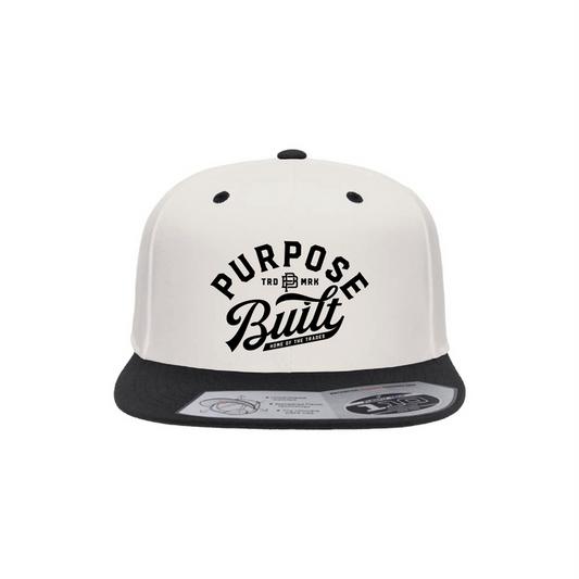 Purpose-Built script logo FlexFit snapback hat in natural and white