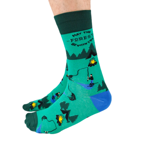 The Woodsman Crew Socks. Green socks with fisherman catching fish, campfire, tent and trees. May the forest be with you.