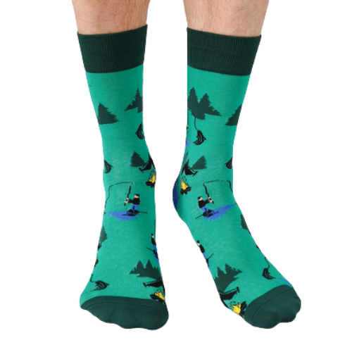 The Woodsman Crew Socks. Green socks with fisherman catching fish, campfire, tent and trees. May the forest be with you.