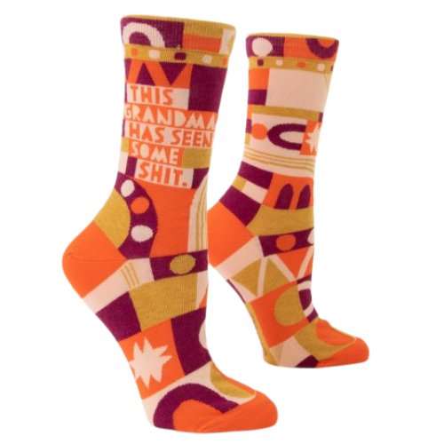 THIS GRANDMA HAS SEEN SOME SHIT W-CREW SOCKS. That said, I'm not going to tell you WHAT I've seen. You'll have to use your imagination for that. Women's shoe size 5-10. 56% nylon; 47% combed cotton; 2% spandex.