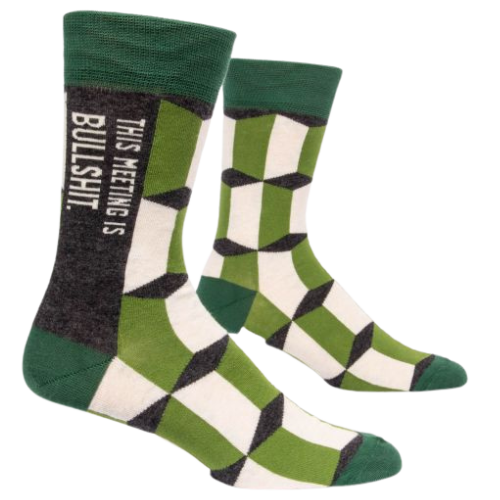 This Meeting Is Bullshit - Sock Bar. Men's Crew Socks. Green, black and white pattern.