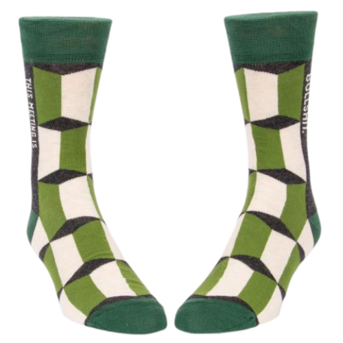 This Meeting Is Bullshit - Sock Bar. Men's Crew Socks. Green, black and white pattern.