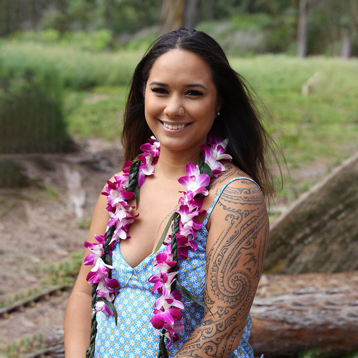 TI LEAF LEI WITH PURPLE ORCHID WRAP
