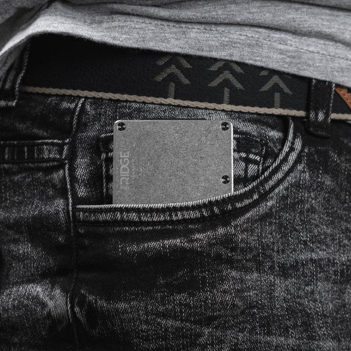 Stonewashed titanium Ridge money clip wallet shown from above with the card stack