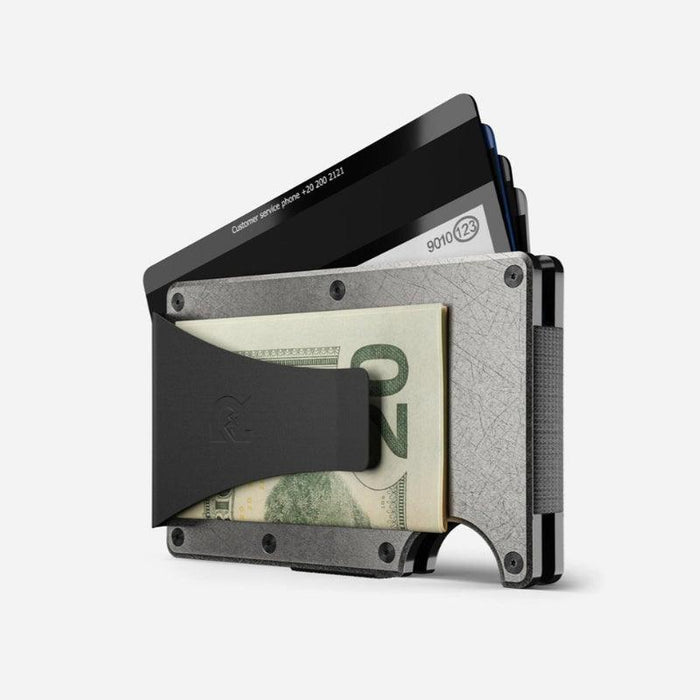 Stonewashed titanium Ridge money clip wallet, further product view of the wallet