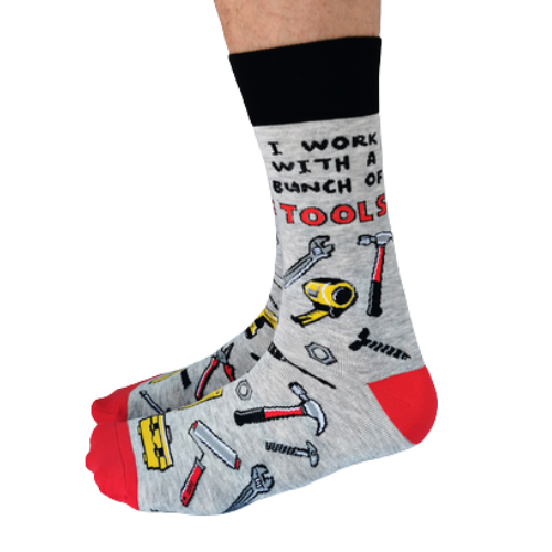 Tool Time Men's Crew Socks. New. Pattern tools, I work with a bunch of Tools writing on it.