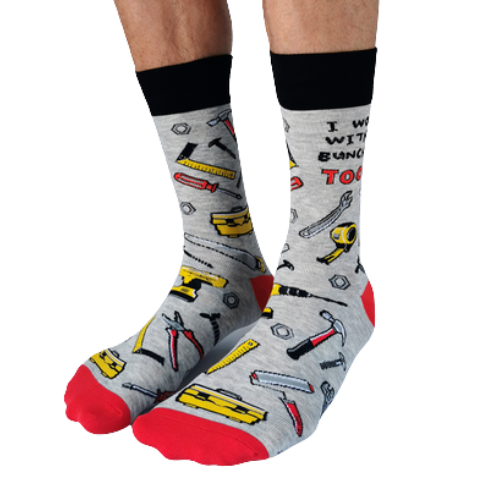 Tool Time Men's Crew Socks. New. Pattern tools, I work with a bunch of Tools writing on it.