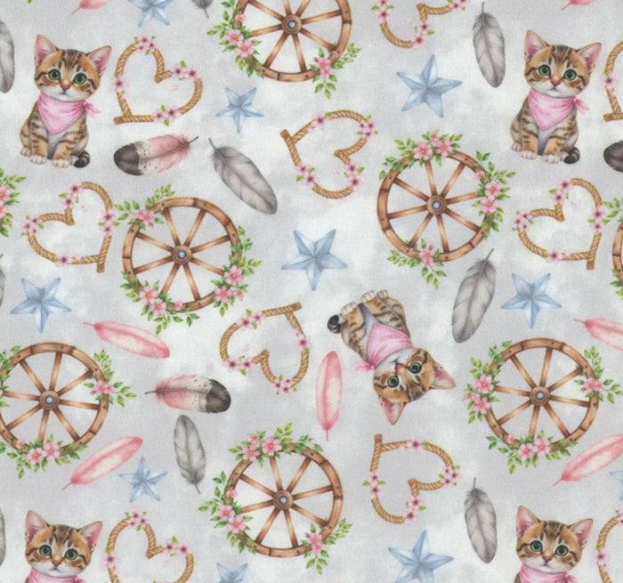 Tossed Cats Kittens Western Icons on Grey 100% Cotton Price per Yard  Novelty
