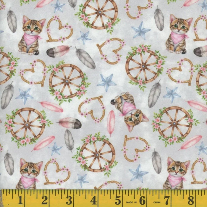 Tossed Cats Kittens Western Icons on Grey 100% Cotton Price per Yard  Novelty