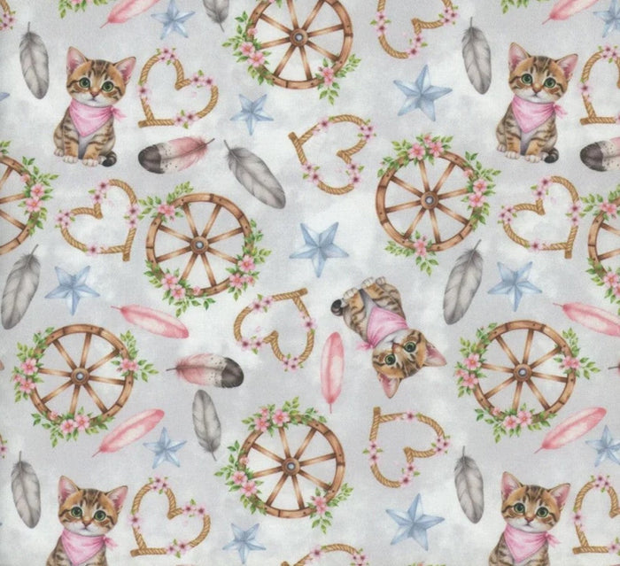 Tossed Cats Kittens Western Icons on Grey 100% Cotton Price per Yard  Novelty