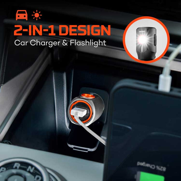 Graphic explaining the Nebo Transport 400 two-in-one charger and flashlight design