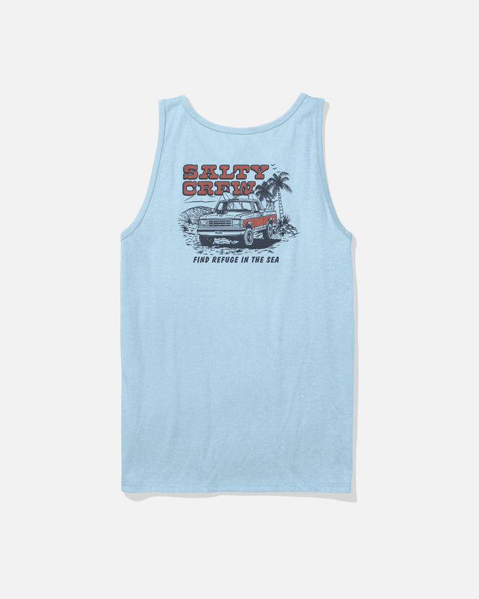 Back view of the Salty Crew Truck Stop graphic tank top in clear sky