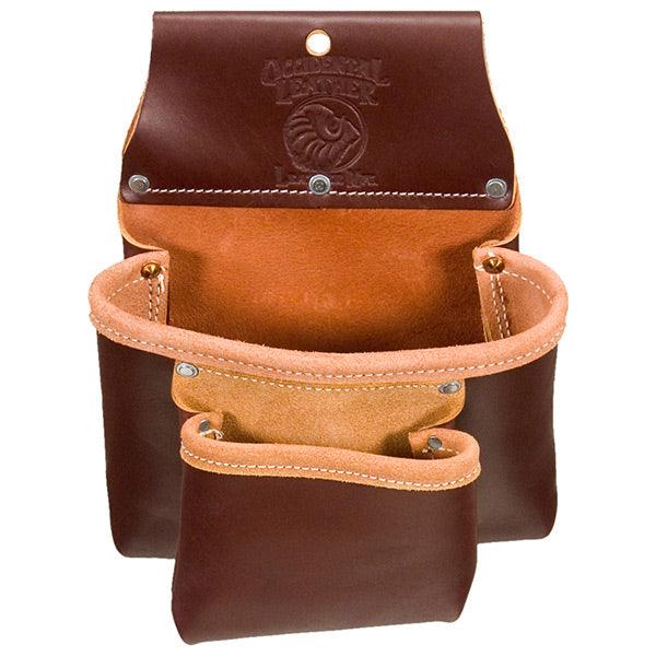 Occidental Leather two pouch bag, angled view of the pocket layout